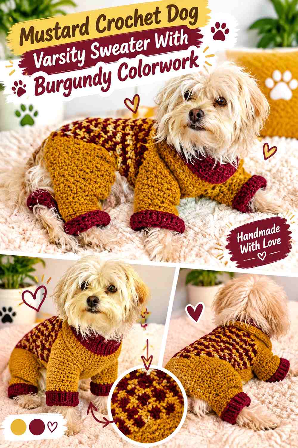 Mustard Crochet Dog Varsity Sweater With Burgundy Colorwork