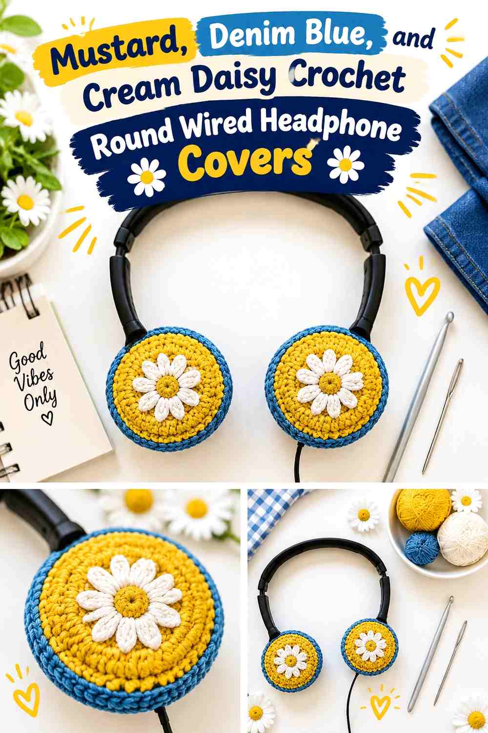 Mustard, Denim Blue, and Cream Daisy Crochet Round Wired Headphone Covers