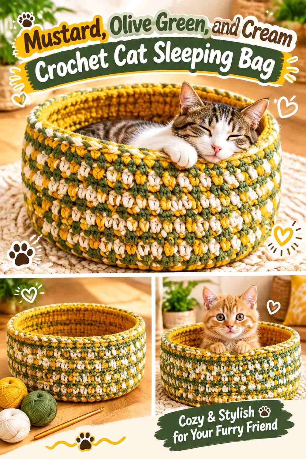Mustard, Olive Green, and Cream Crochet Cat Sleeping Bag