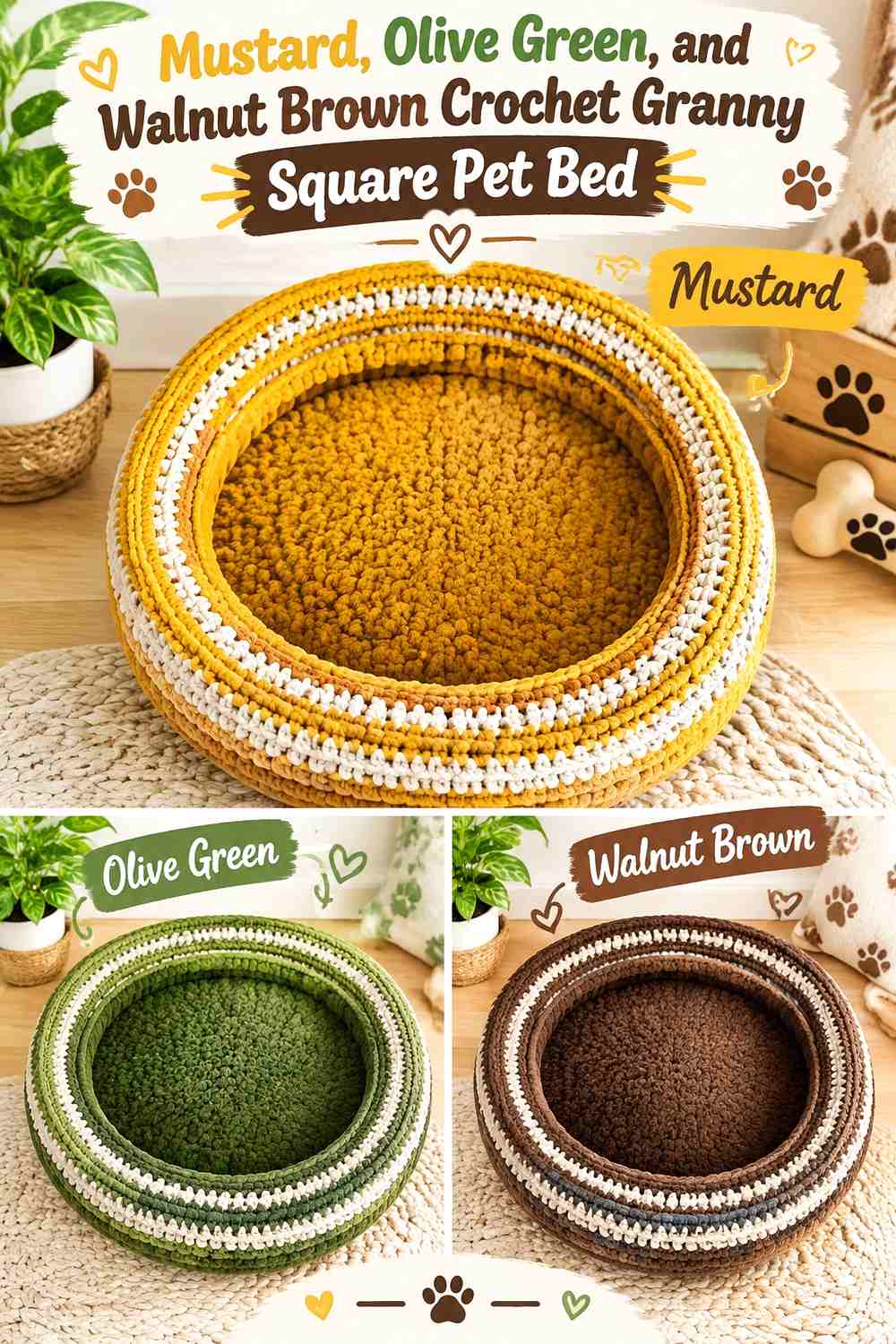Mustard, Olive Green, and Walnut Brown Crochet Granny Square Pet Bed
