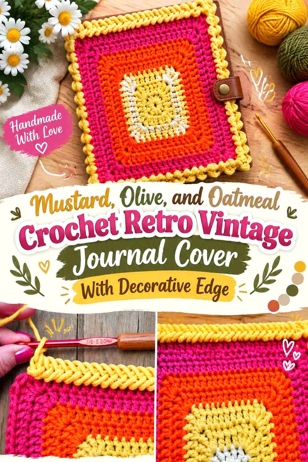 Mustard, Olive, and Oatmeal Crochet Retro Vintage Journal Cover With Decorative Edge