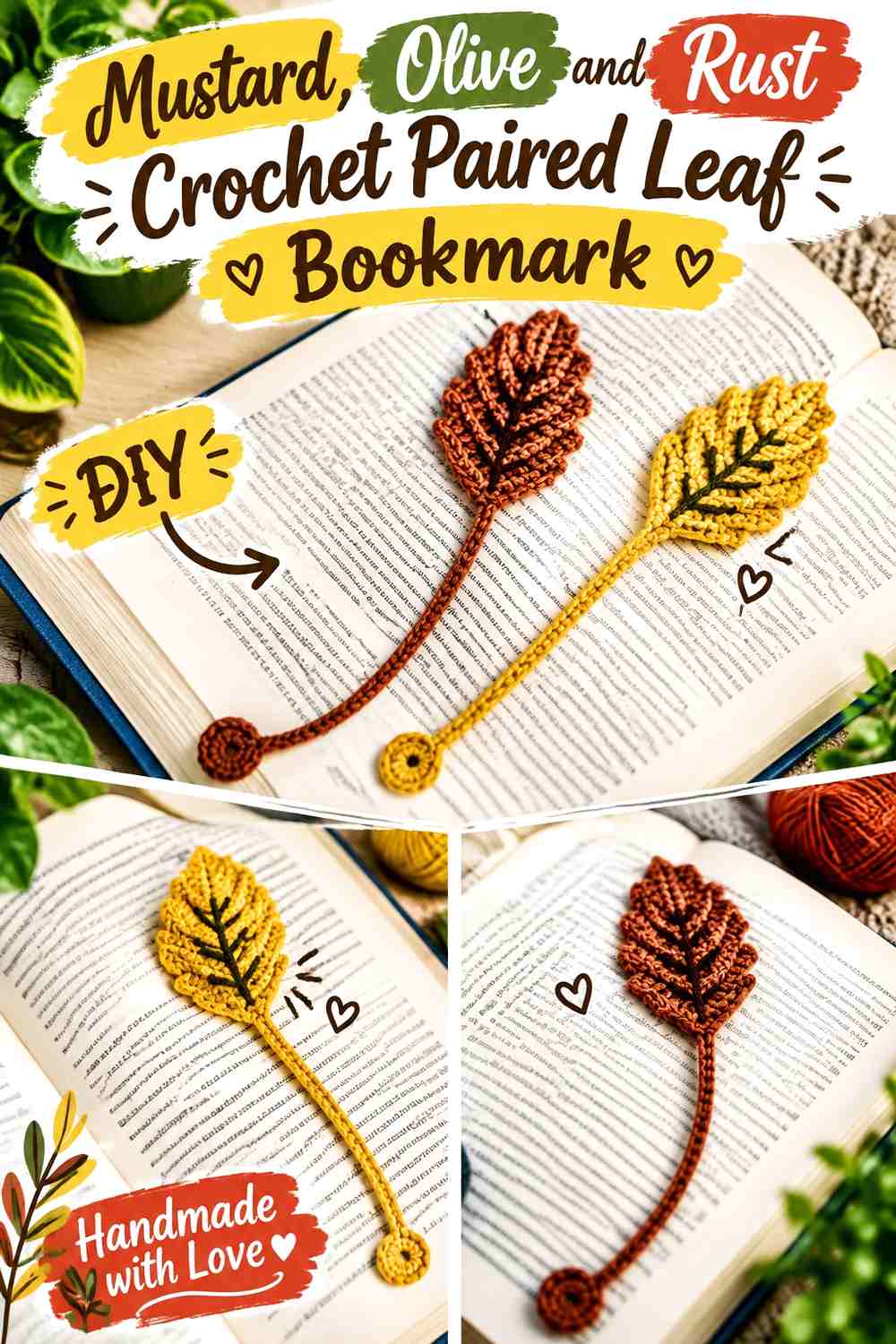 Mustard, Olive, and Rust Crochet Paired Leaf Bookmark