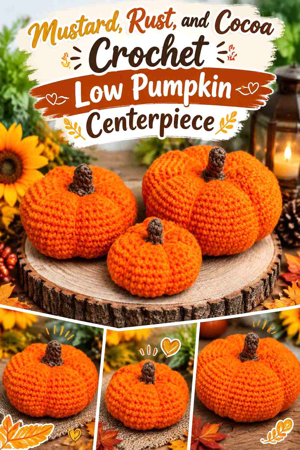 Mustard, Rust, and Cocoa Crochet Low Pumpkin Centerpiece