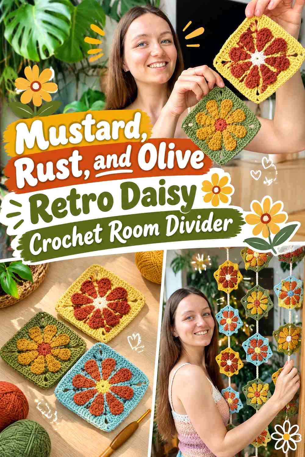 Mustard, Rust, and Olive Retro Daisy Crochet Room Divider