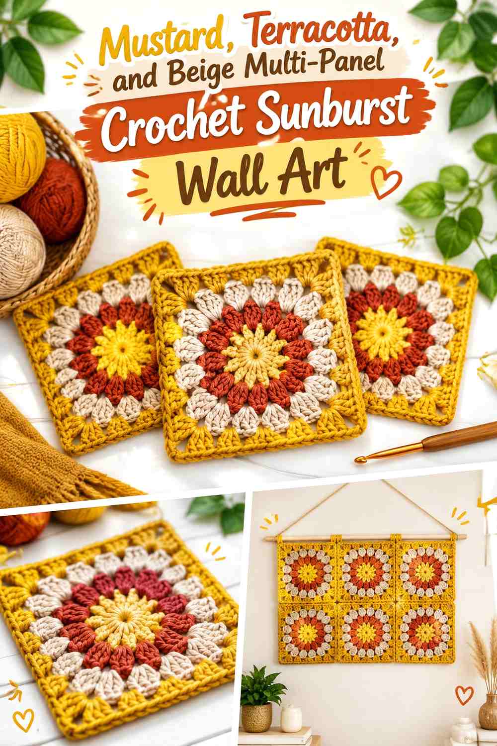 Mustard, Terracotta, and Beige Multi-Panel Crochet Sunburst Wall Art