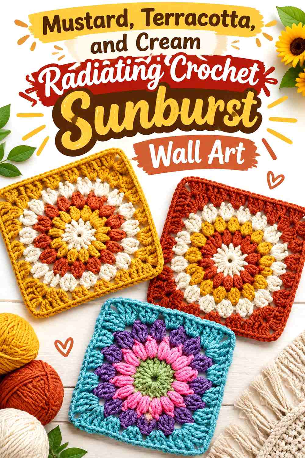 Mustard, Terracotta, and Cream Radiating Crochet Sunburst Wall Art