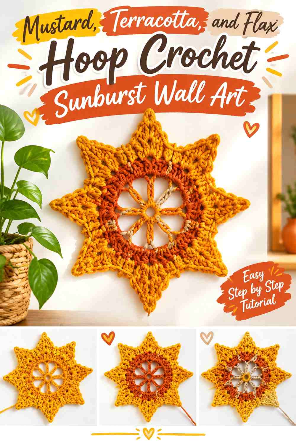 Mustard, Terracotta, and Flax Hoop Crochet Sunburst Wall Art