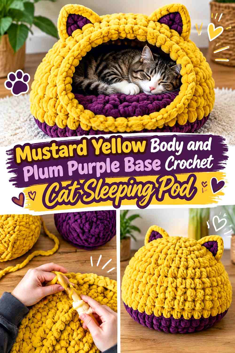 Mustard Yellow Body and Plum Purple Base Crochet Cat Sleeping Pod