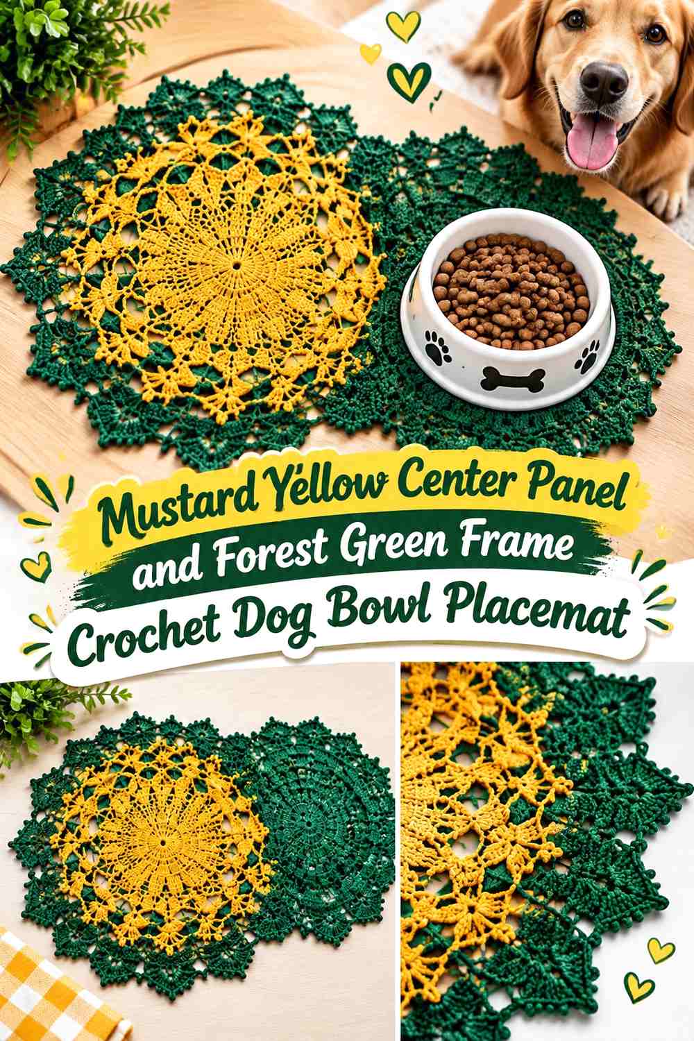 Mustard Yellow Center Panel and Forest Green Frame Crochet Dog Bowl Placemat