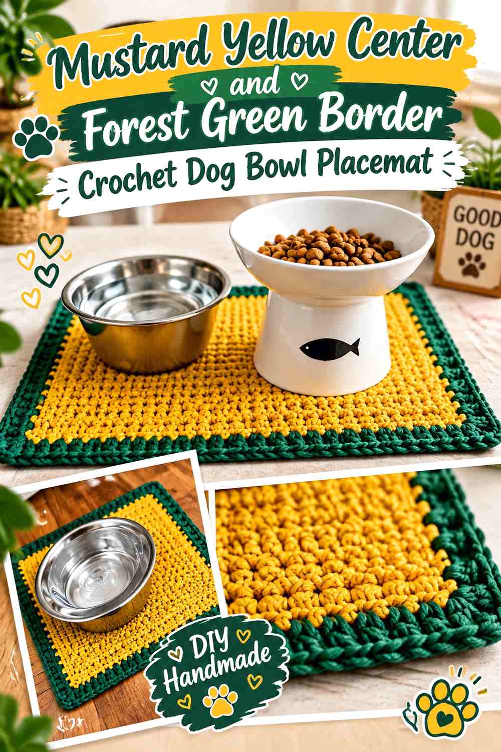 Mustard Yellow Center and Forest Green Border Crochet Dog Bowl Placemat
