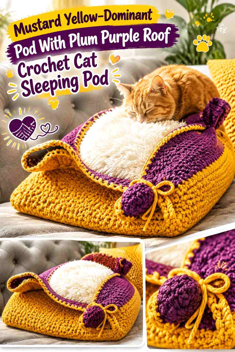 Mustard Yellow-Dominant Pod With Plum Purple Roof Crochet Cat Sleeping Pod