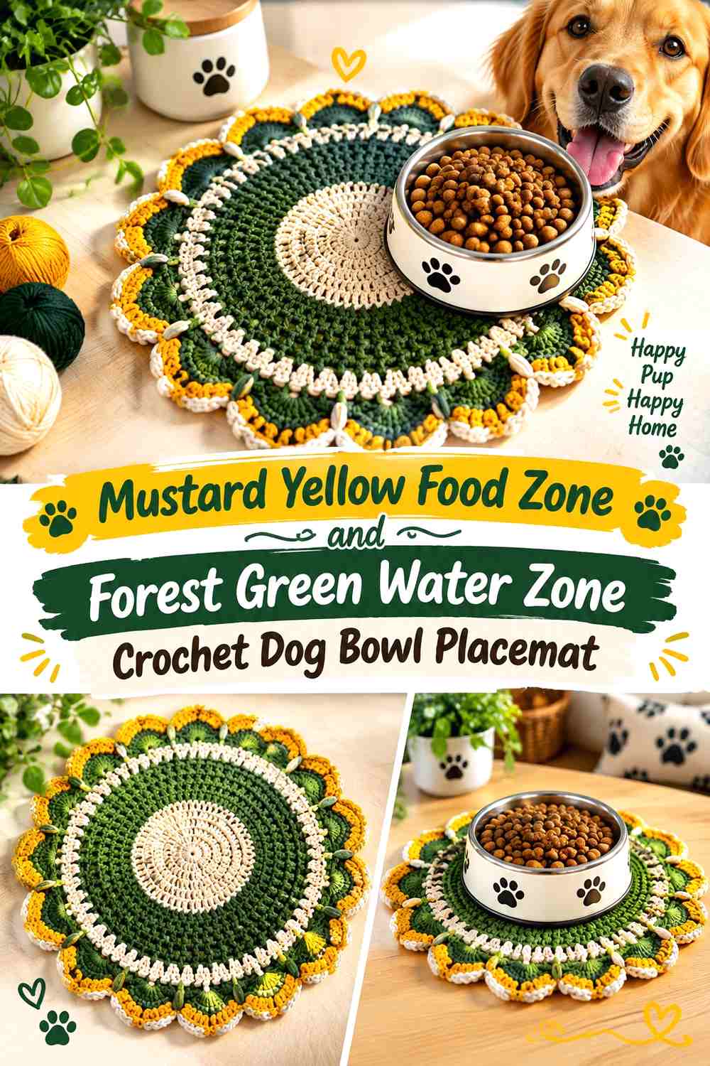 Mustard Yellow Food Zone and Forest Green Water Zone Crochet Dog Bowl Placemat