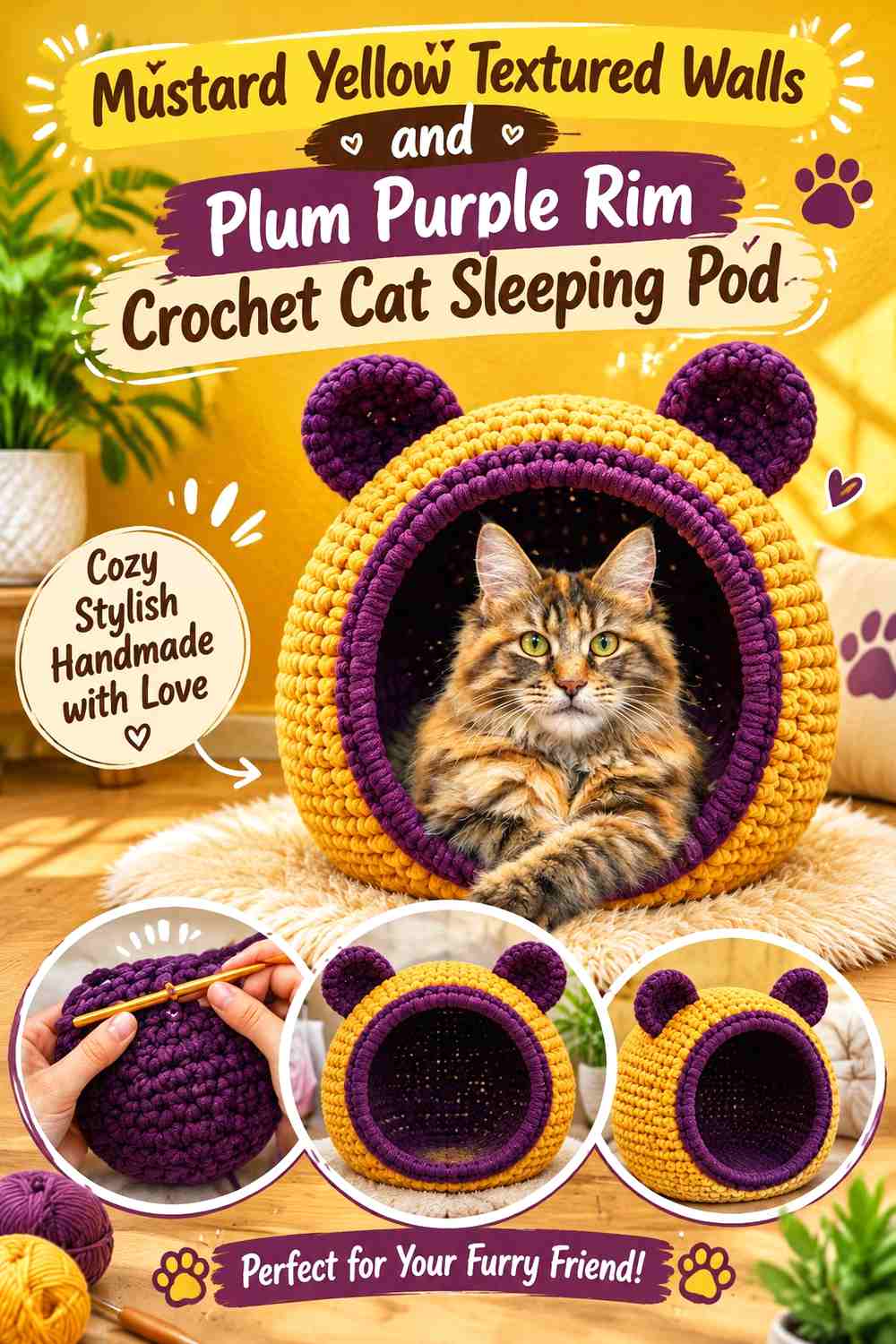 Mustard Yellow Textured Walls and Plum Purple Rim Crochet Cat Sleeping Pod