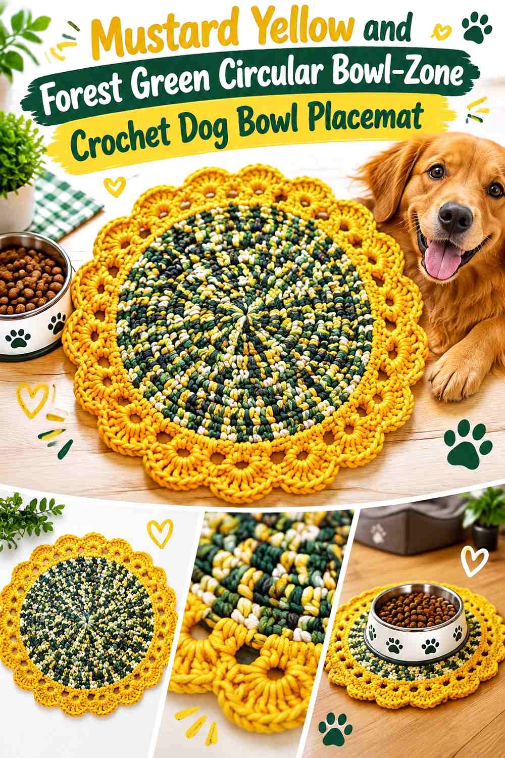 Mustard Yellow and Forest Green Circular Bowl-Zone Crochet Dog Bowl Placemat