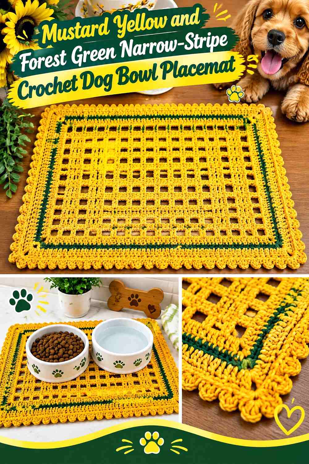 Mustard Yellow and Forest Green Narrow-Stripe Crochet Dog Bowl Placemat