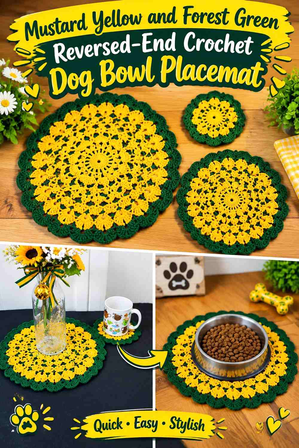 Mustard Yellow and Forest Green Reversed-End Crochet Dog Bowl Placemat