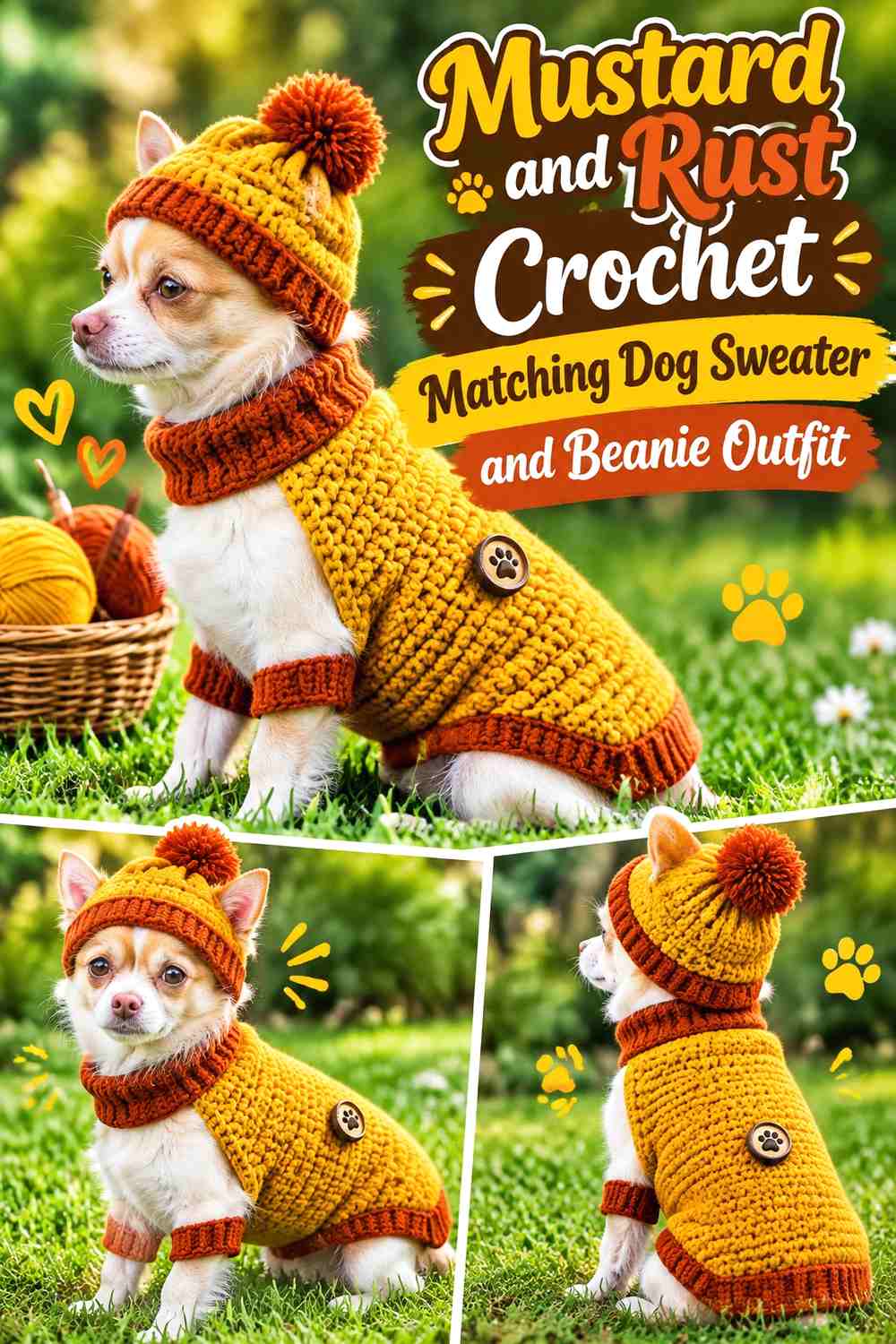 Mustard and Rust Crochet Matching Dog Sweater and Beanie Outfit
