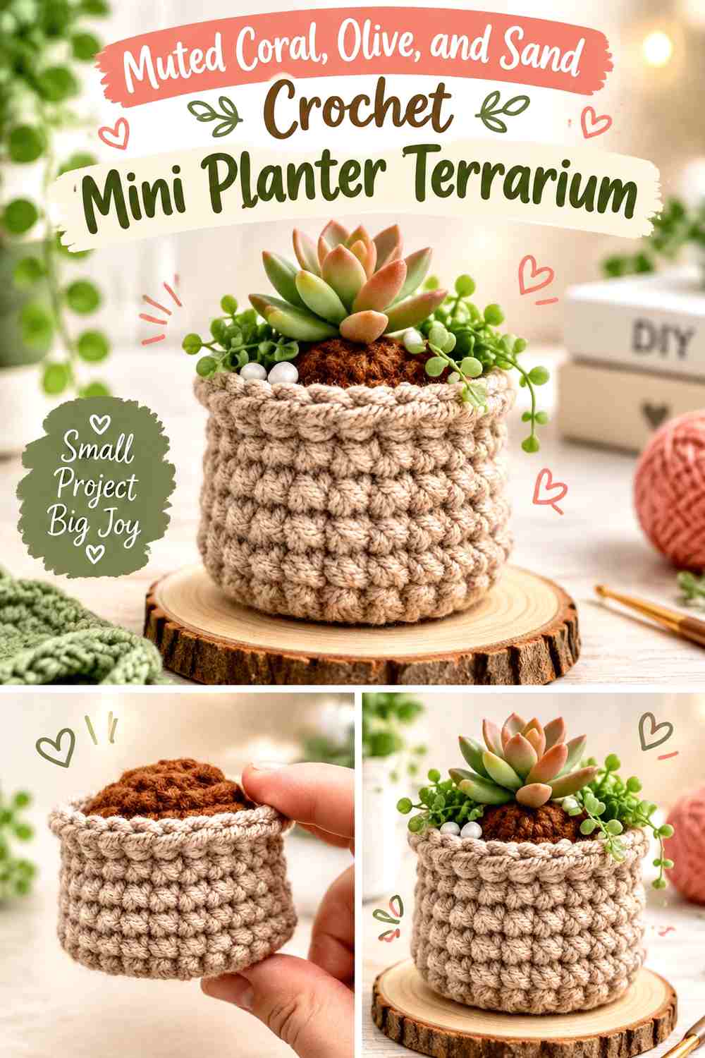 Muted Coral, Olive, and Sand Crochet Mini Planter Terrarium