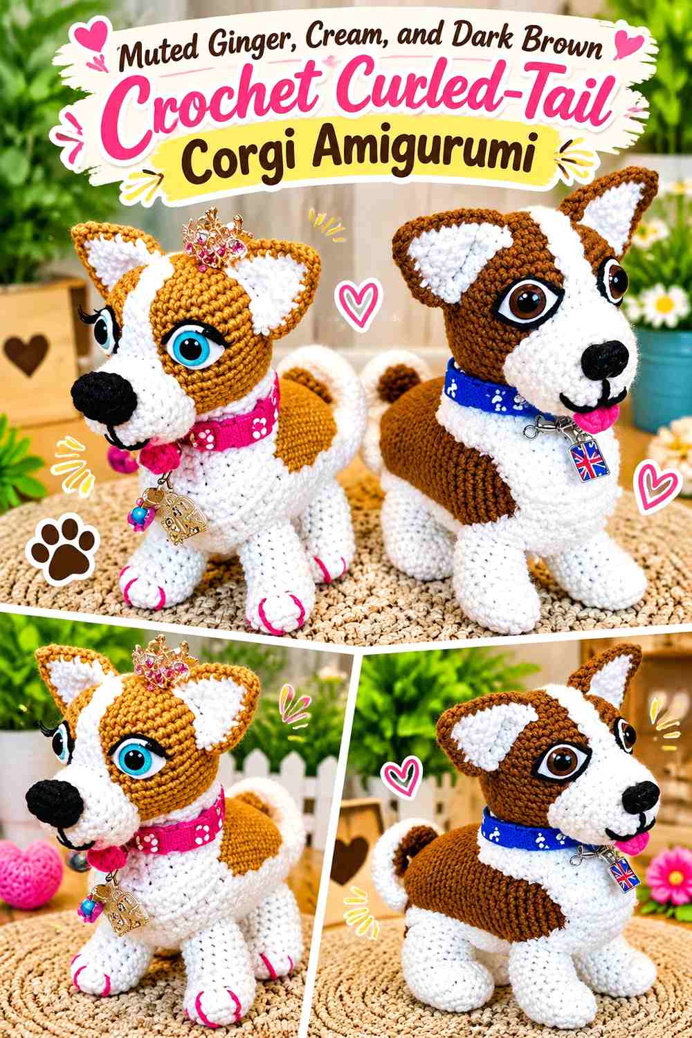 Muted Ginger, Cream, and Dark Brown Crochet Curled-Tail Corgi Amigurumi