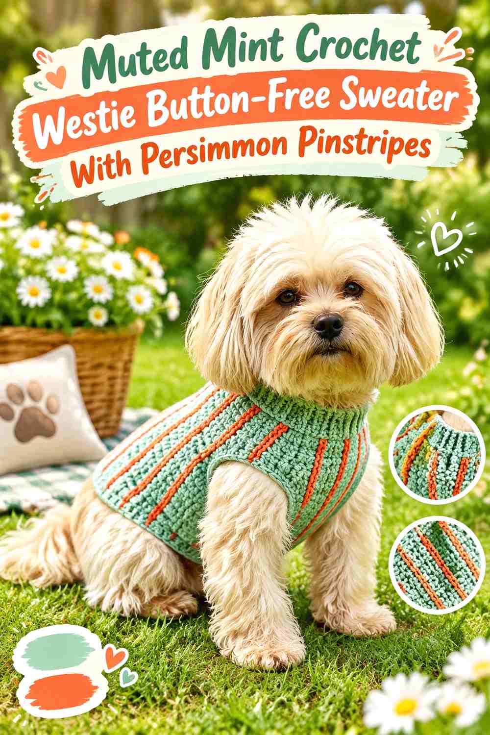 Muted Mint Crochet Westie Button-Free Sweater With Persimmon Pinstripes