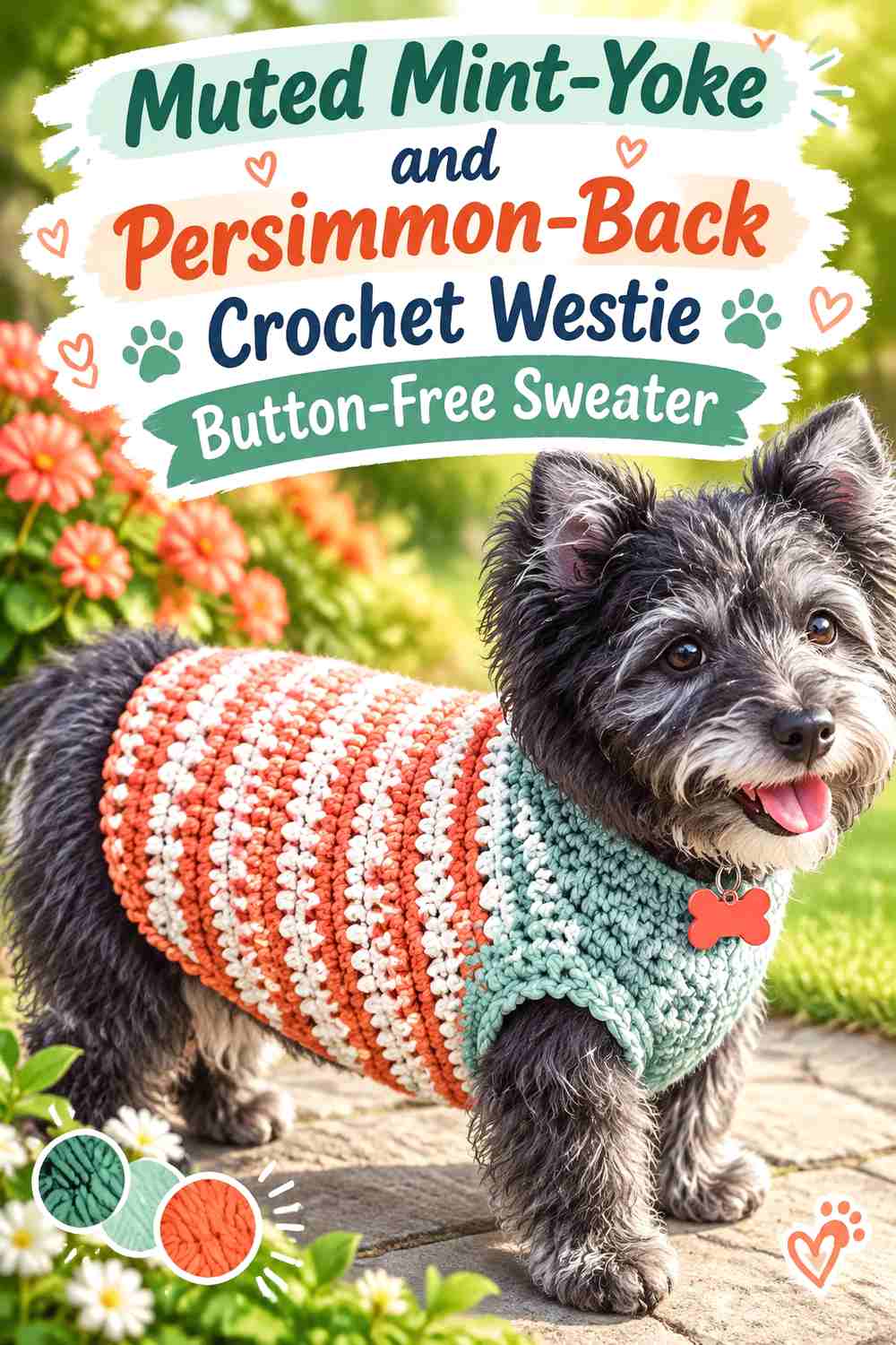 Muted Mint-Yoke and Persimmon-Back Crochet Westie Button-Free Sweater