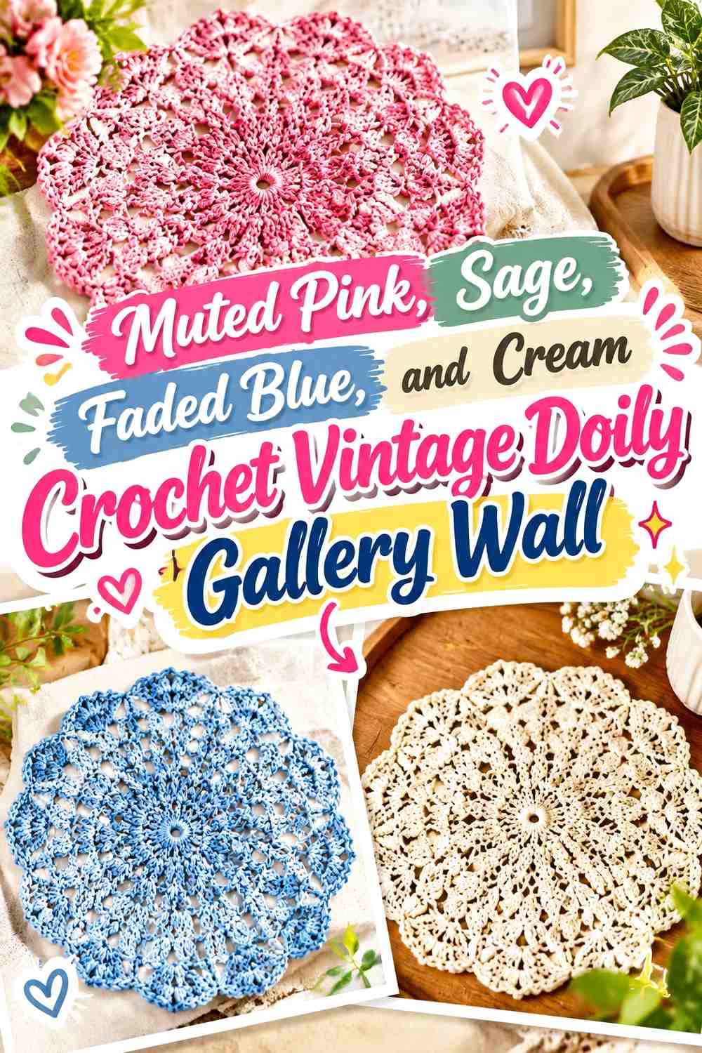 Muted Pink, Sage, Faded Blue, and Cream Crochet Vintage Doily Gallery Wall