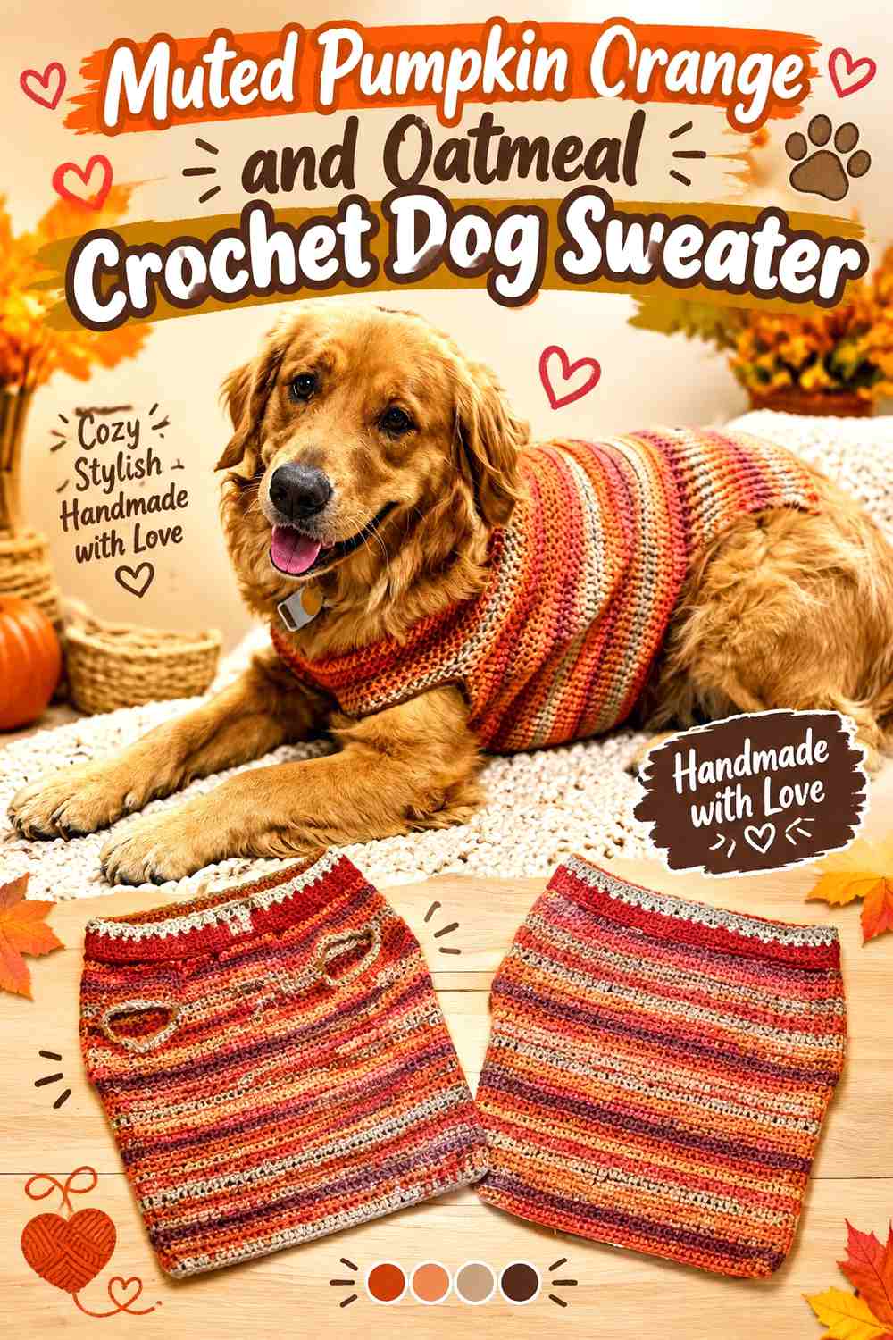 Muted Pumpkin Orange and Oatmeal Crochet Dog Sweater