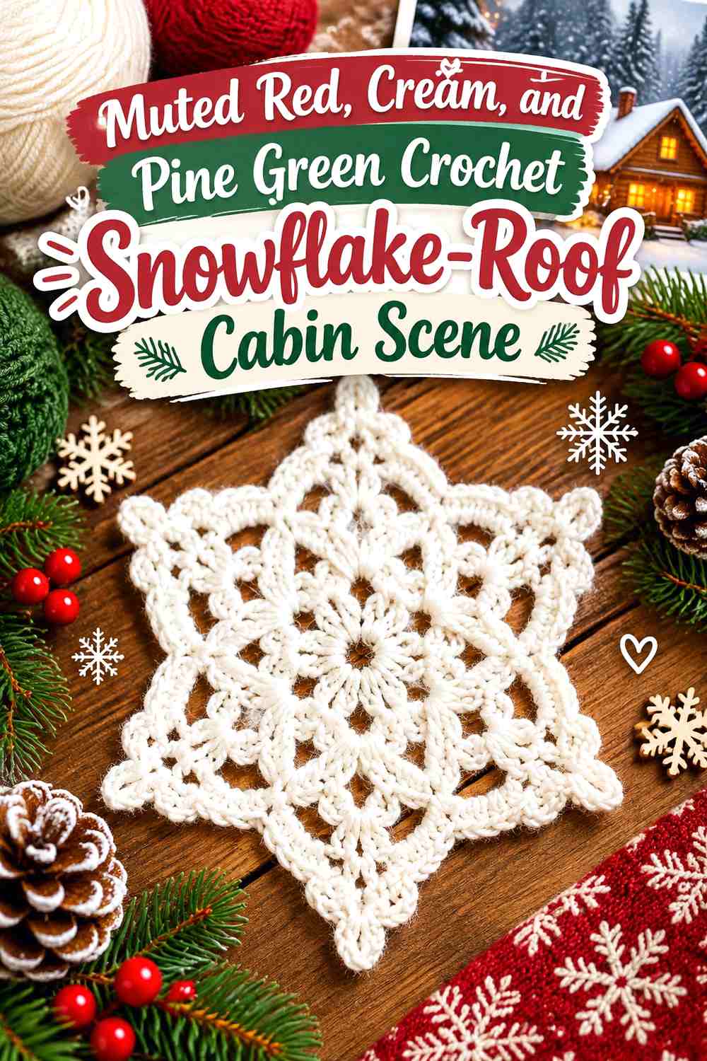 Muted Red, Cream, and Pine Green Crochet Snowflake-Roof Cabin Scene