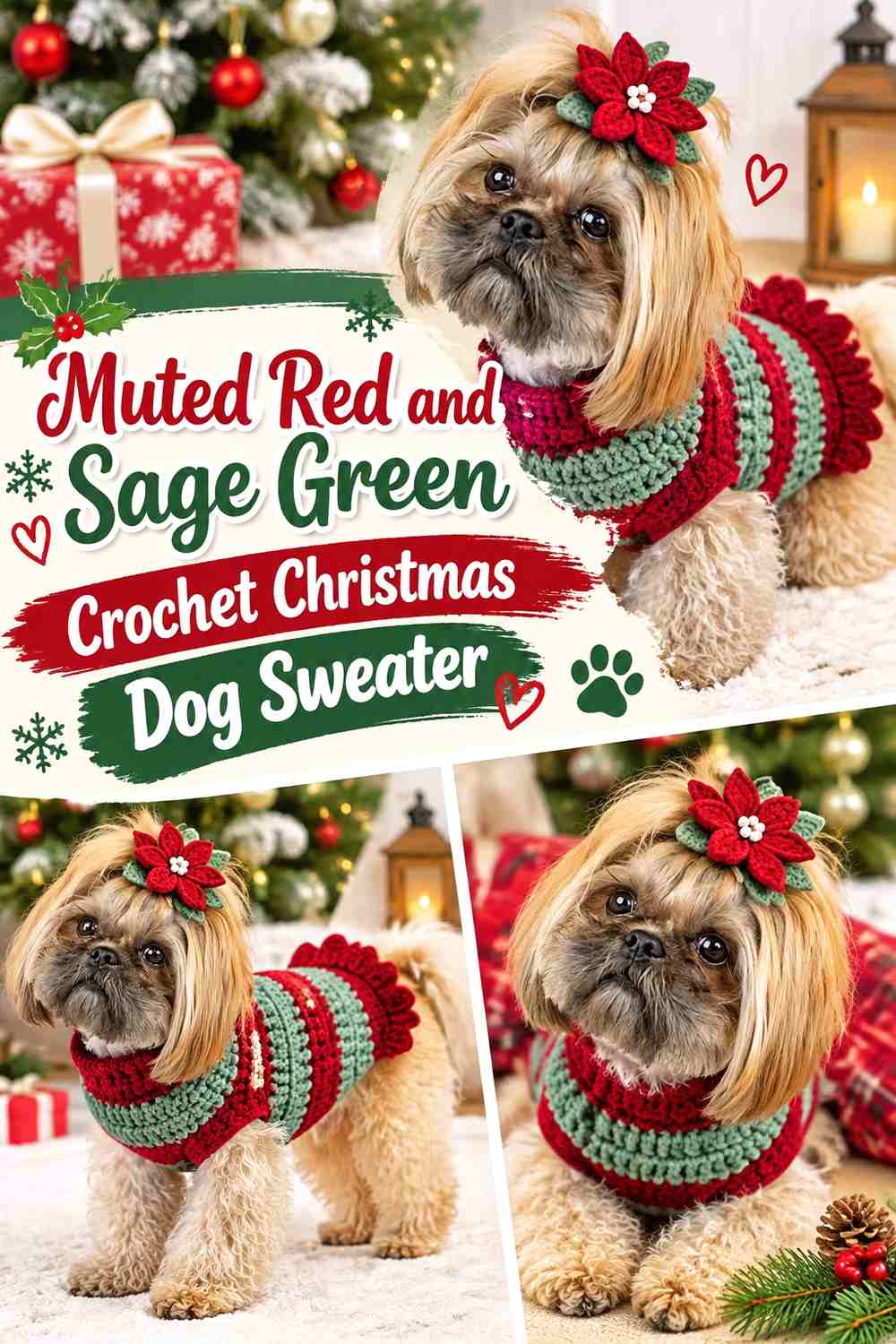 Muted Red and Sage Green Crochet Christmas Dog Sweater