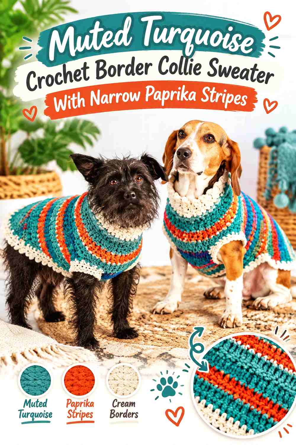 Muted Turquoise Crochet Border Collie Sweater With Narrow Paprika Stripes