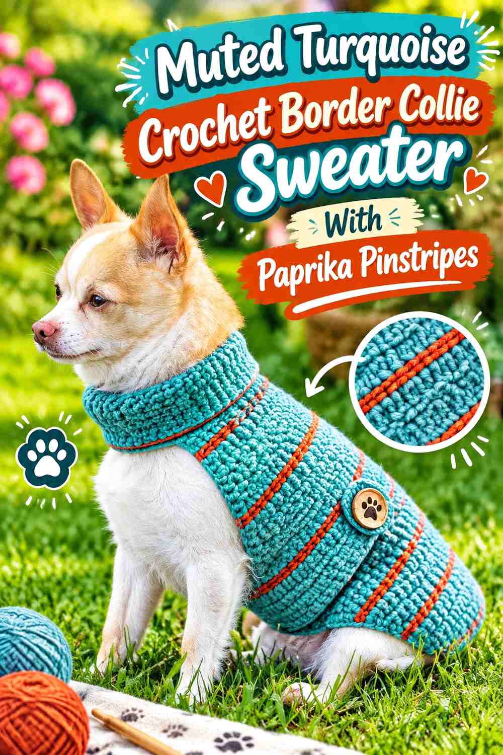 Muted Turquoise Crochet Border Collie Sweater With Paprika Pinstripes