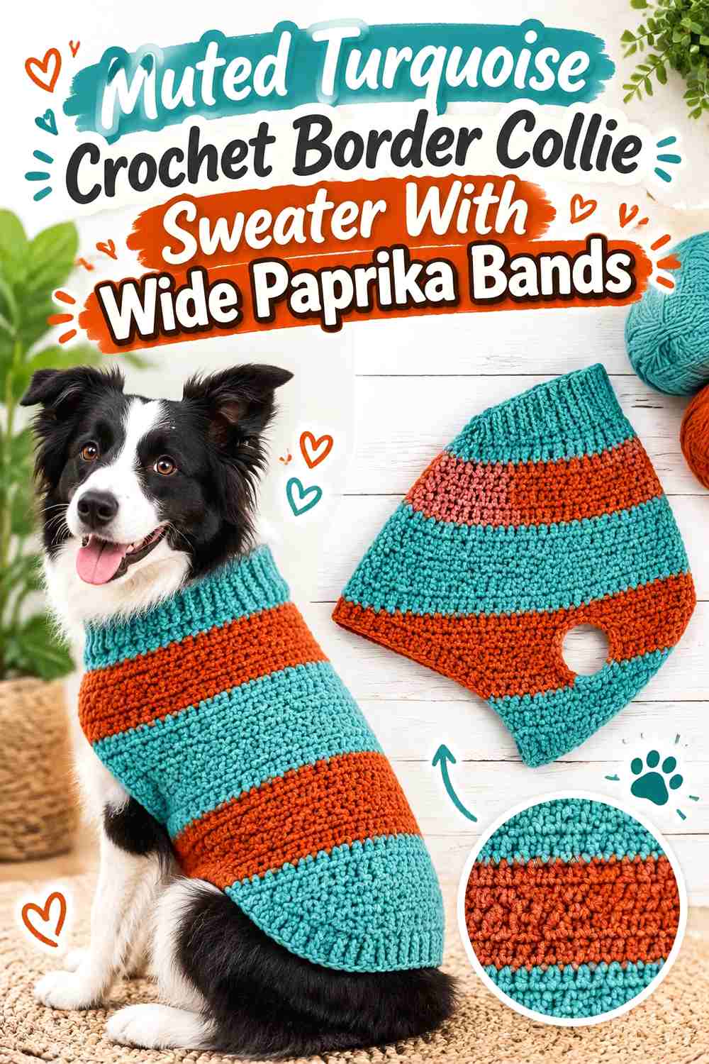 Muted Turquoise Crochet Border Collie Sweater With Wide Paprika Bands