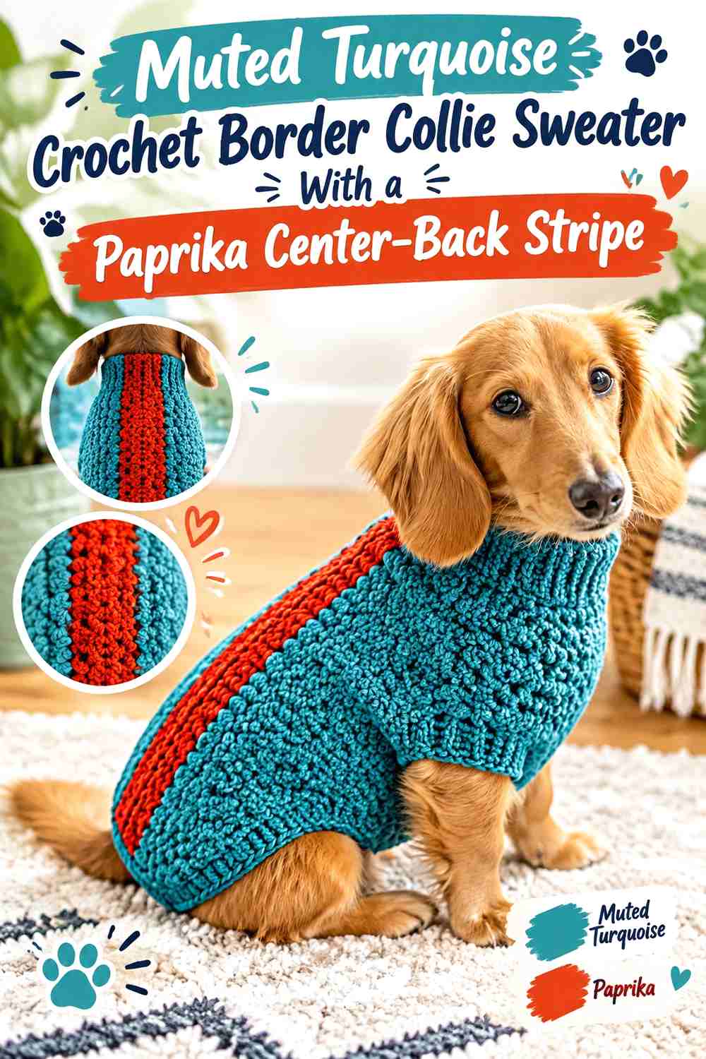 Muted Turquoise Crochet Border Collie Sweater With a Paprika Center-Back Stripe