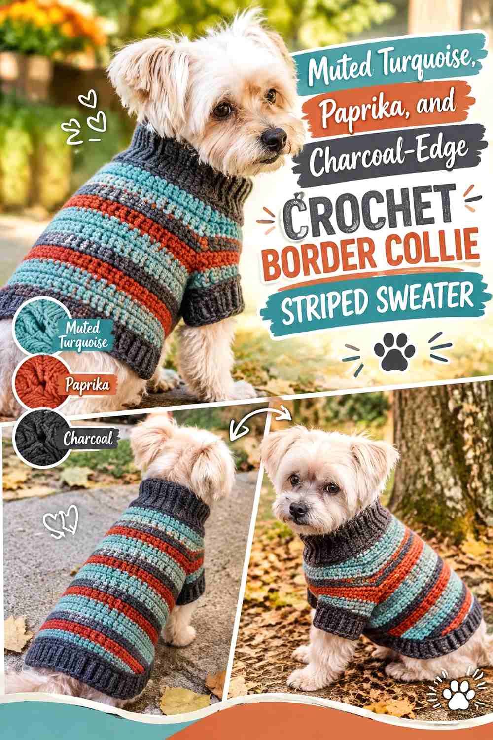 Muted Turquoise, Paprika, and Charcoal-Edge Crochet Border Collie Striped Sweater