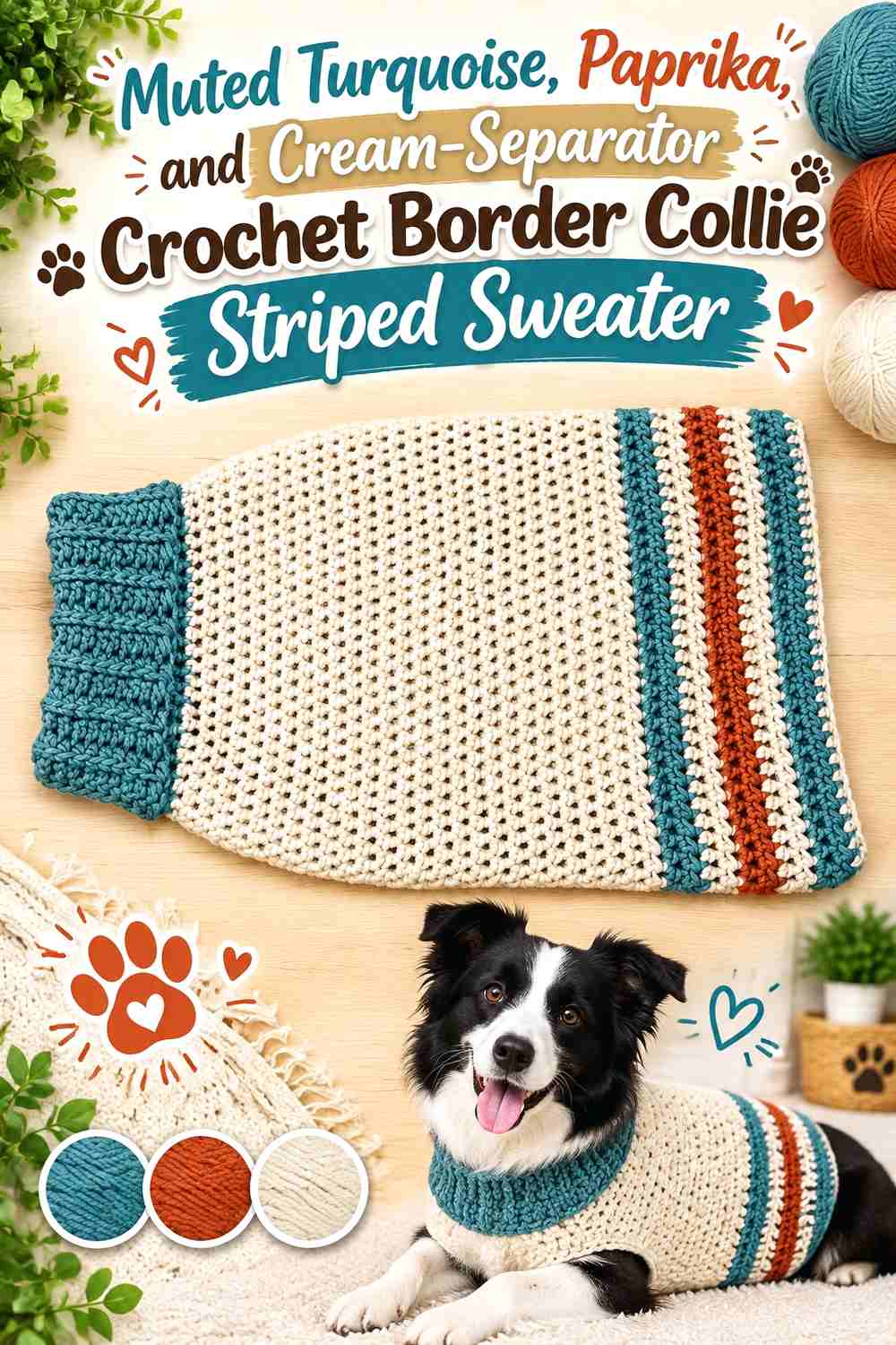 Muted Turquoise, Paprika, and Cream-Separator Crochet Border Collie Striped Sweater