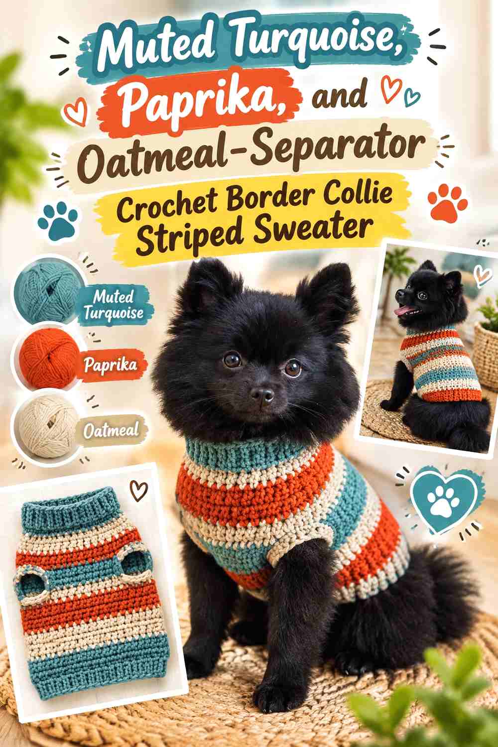 Muted Turquoise, Paprika, and Oatmeal-Separator Crochet Border Collie Striped Sweater