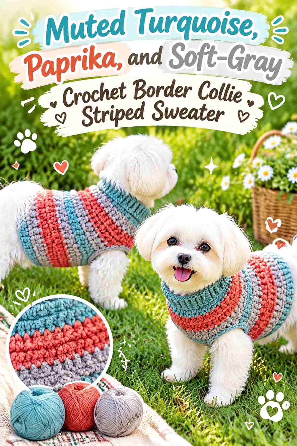 Muted Turquoise, Paprika, and Soft-Gray Crochet Border Collie Striped Sweater