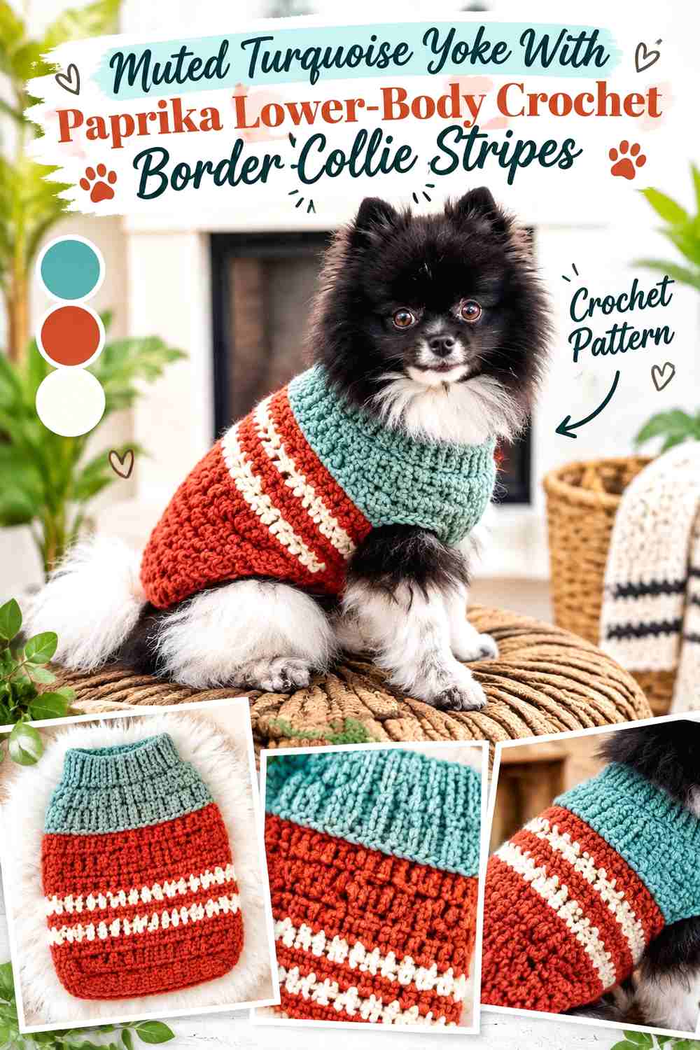 Muted Turquoise Yoke With Paprika Lower-Body Crochet Border Collie Stripes