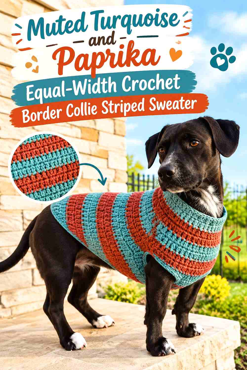 Muted Turquoise and Paprika Equal-Width Crochet Border Collie Striped Sweater