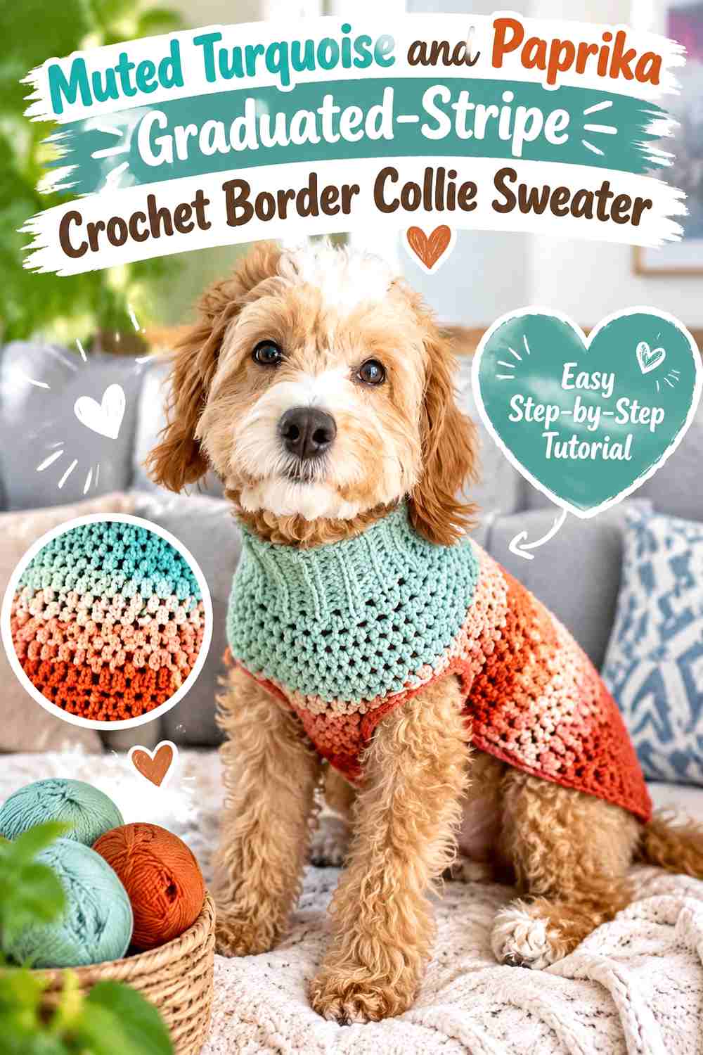 Muted Turquoise and Paprika Graduated-Stripe Crochet Border Collie Sweater