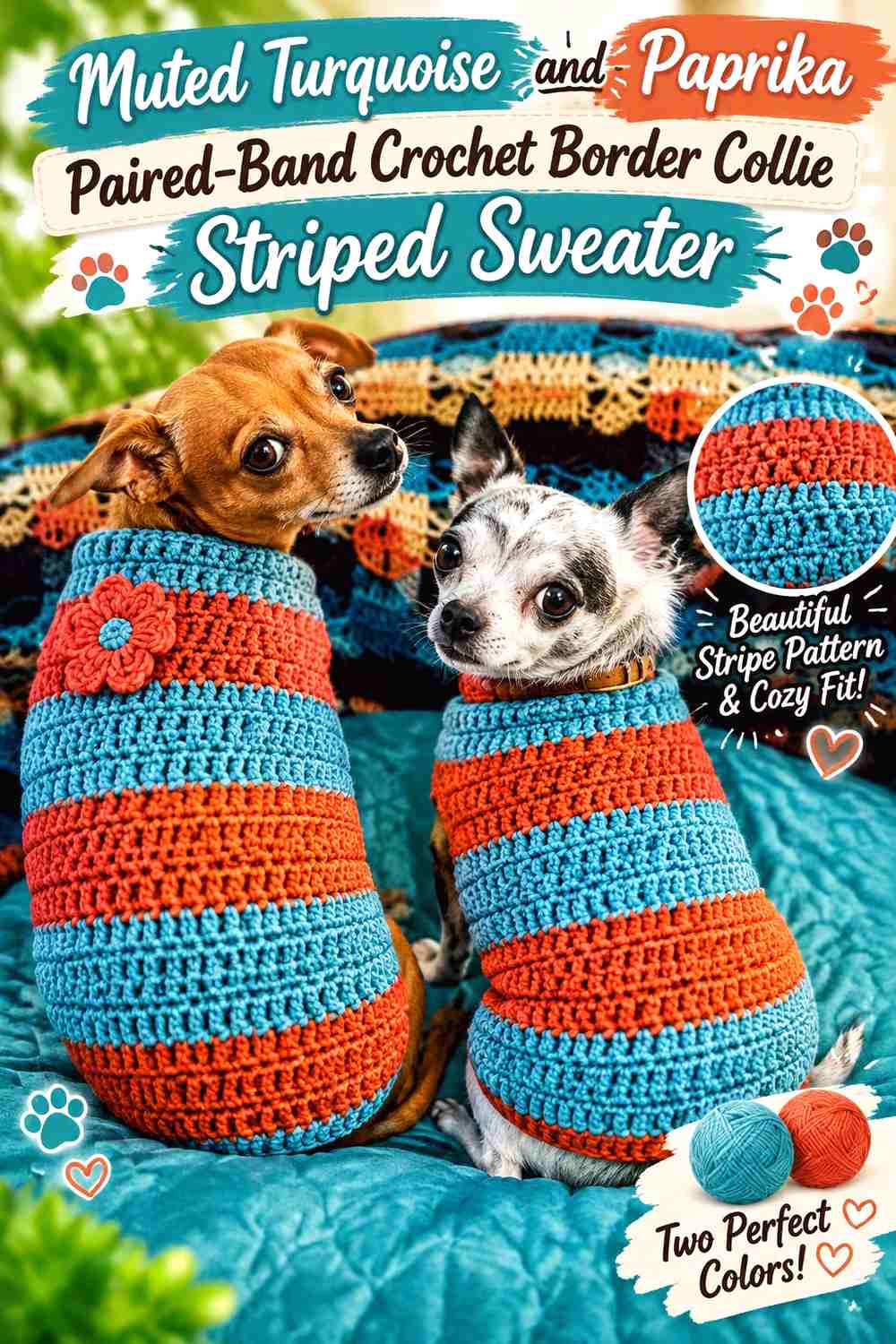 Muted Turquoise and Paprika Paired-Band Crochet Border Collie Striped Sweater