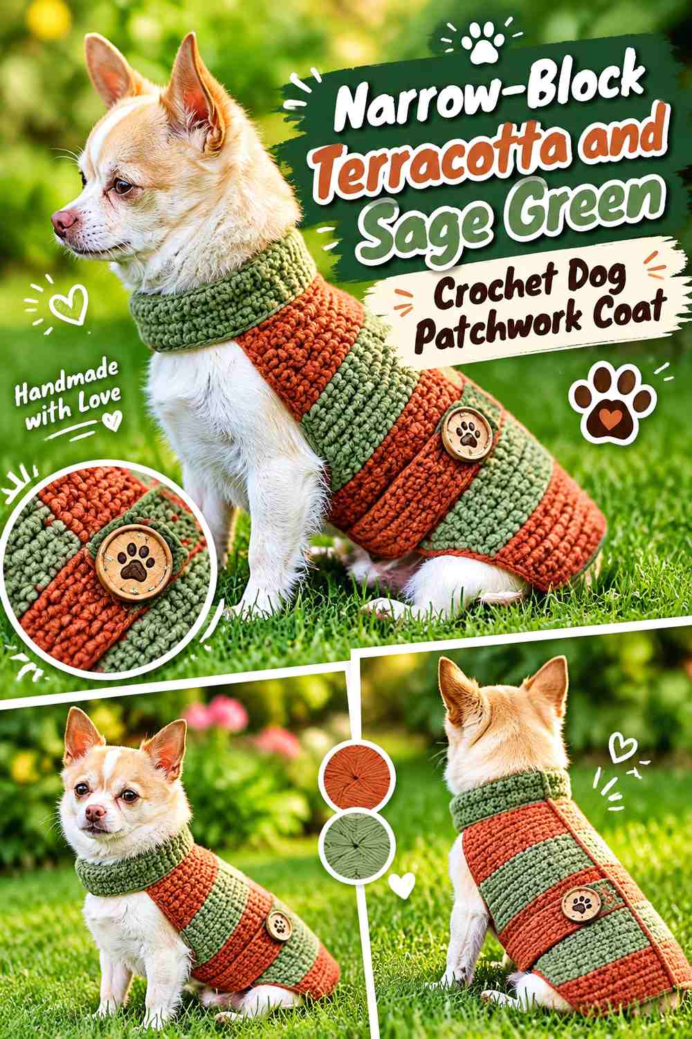 Narrow-Block Terracotta and Sage Green Crochet Dog Patchwork Coat