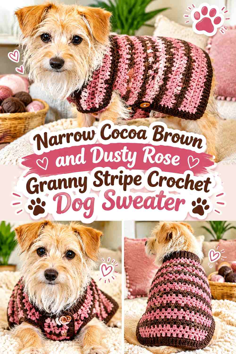 Narrow Cocoa Brown and Dusty Rose Granny Stripe Crochet Dog Sweater