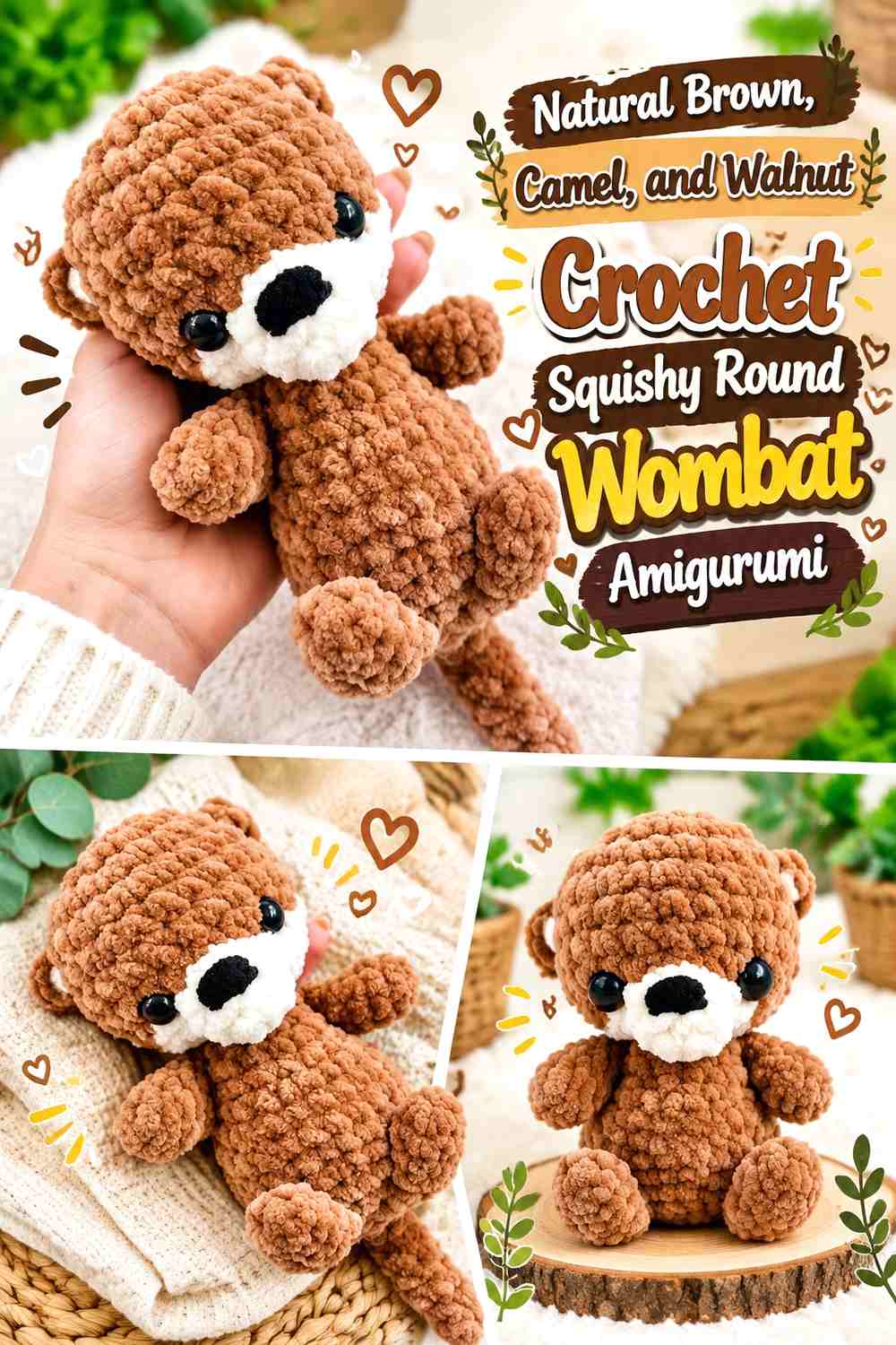 Natural Brown, Camel, and Walnut Crochet Squishy Round Wombat Amigurumi