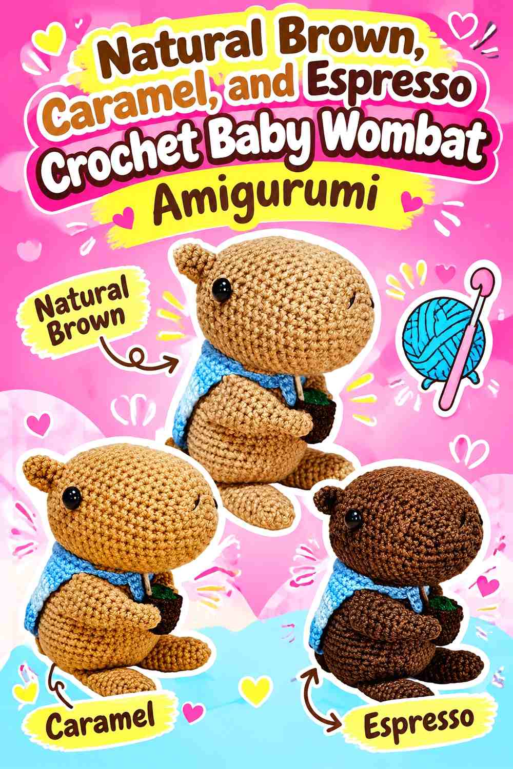 Natural Brown, Caramel, and Espresso Crochet Baby Wombat Amigurumi