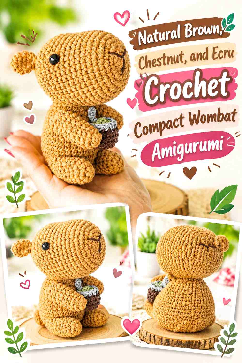 Natural Brown, Chestnut, and Ecru Crochet Compact Wombat Amigurumi