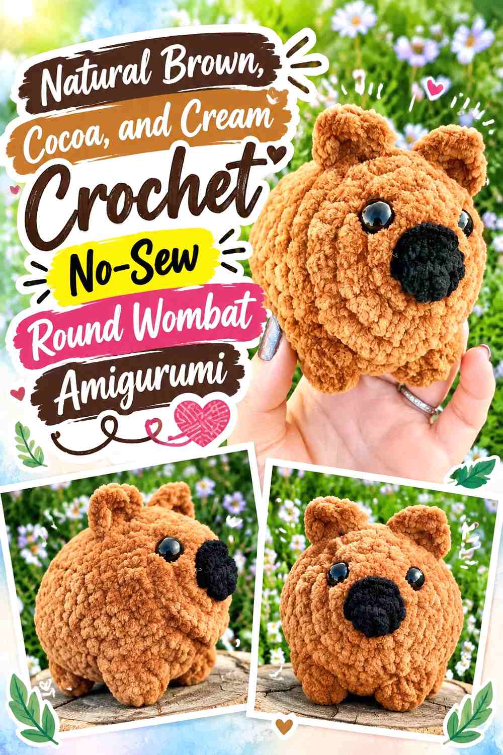Natural Brown, Cocoa, and Cream Crochet No-Sew Round Wombat Amigurumi