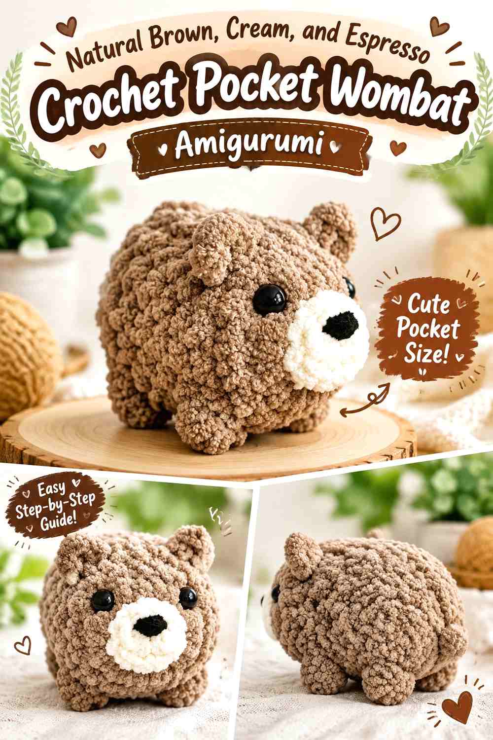 Natural Brown, Cream, and Espresso Crochet Pocket Wombat Amigurumi