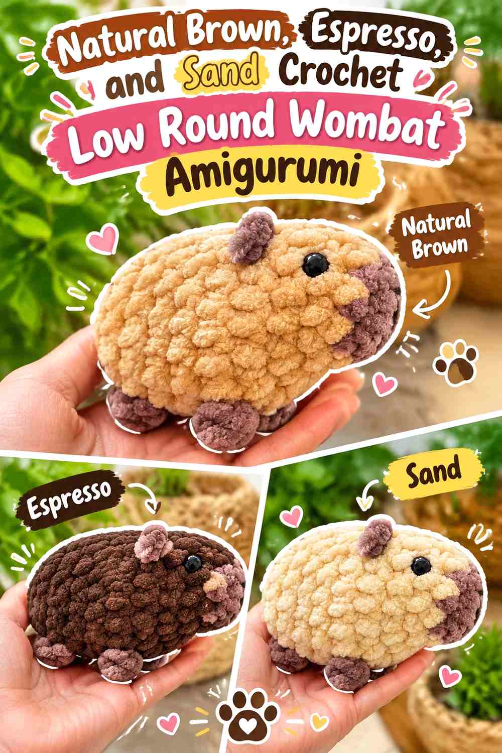 Natural Brown, Espresso, and Sand Crochet Low Round Wombat Amigurumi