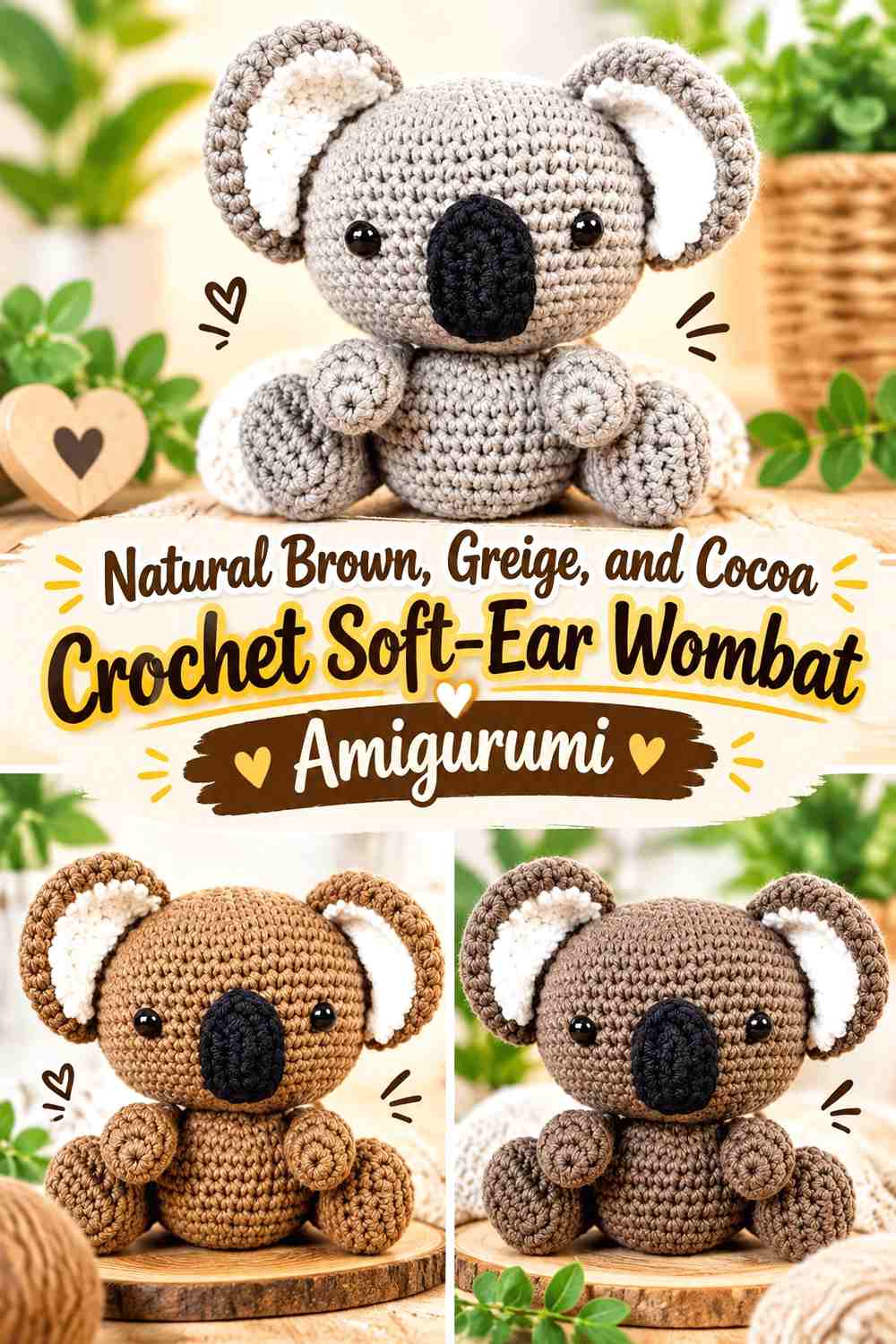 Natural Brown, Greige, and Cocoa Crochet Soft-Ear Wombat Amigurumi
